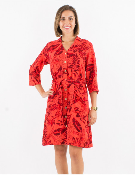 70% viscose 30% linen buttoned dress with roll-up 3/4 sleeves and exotique print