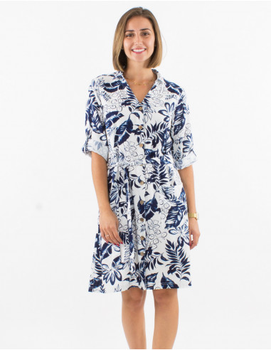 70% viscose 30% linen buttoned dress with roll-up 3/4 sleeves and exotique print