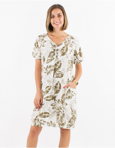 70% viscose 30% linen buttoned dress with short sleeves and exotique print
