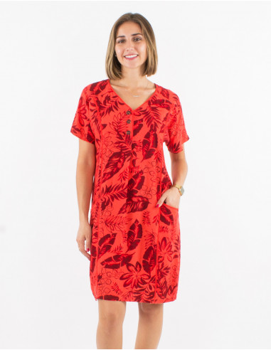 70% viscose 30% linen buttoned dress with short sleeves and exotique print