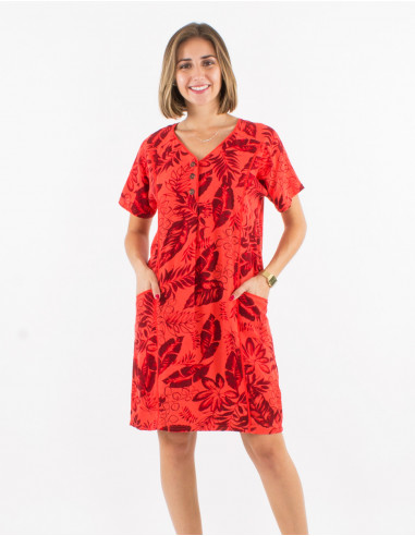 Robe 70% viscose 30% lin manches courtes imprimé exotique