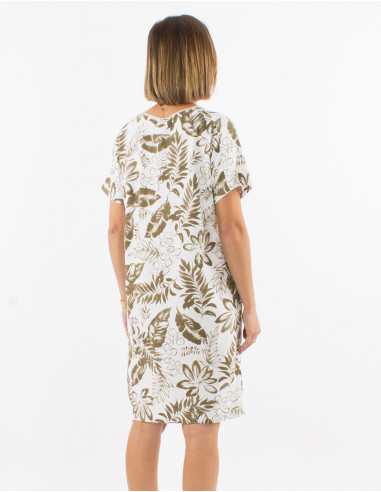 Robe 70% viscose 30% lin manches courtes imprimé exotique