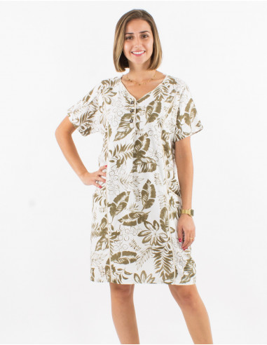 Robe 70% viscose 30% lin manches courtes imprimé exotique