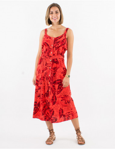 Long 70% viscose 30% linen dress with straps and exotique print