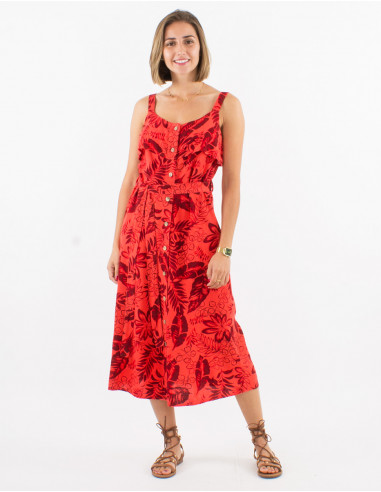 Robe longue 70% viscose 30% lin bretelles imprimé exotique