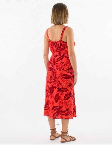 Robe longue 70% viscose 30% lin bretelles imprimé exotique