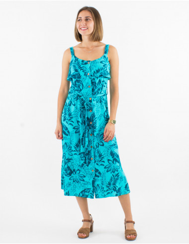 Long 70% viscose 30% linen dress with straps and exotique print