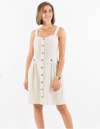 54% linen 46% viscose buttoned dress with large straps