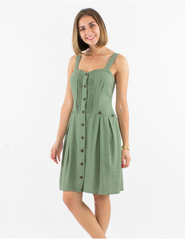 54% linen 46% viscose buttoned dress with large straps