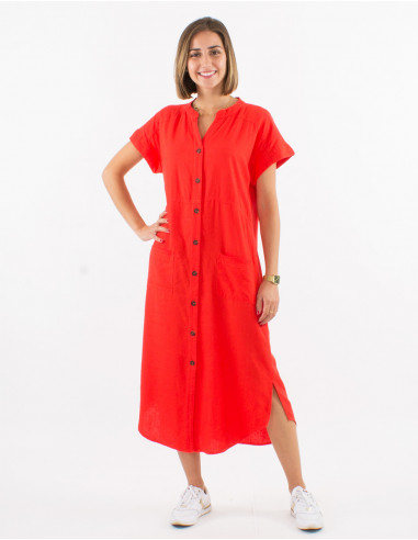 54% linen 46% viscose buttoned dress with short sleeves