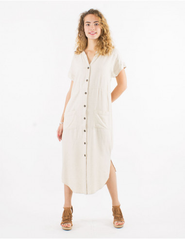 54% linen 46% viscose buttoned dress with short sleeves