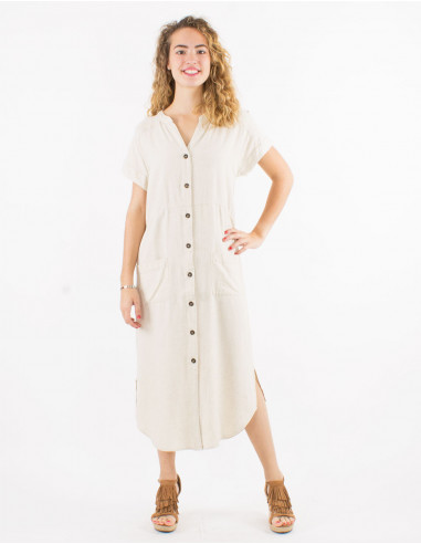 Robe 54% lin 46% viscose boutonnée manches courtes