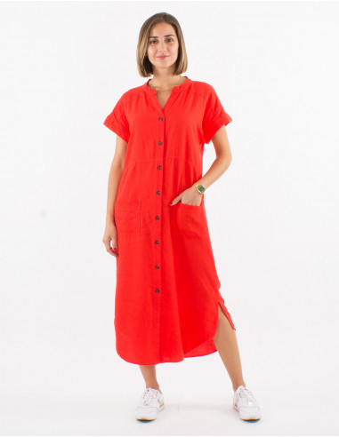 Robe 54% lin 46% viscose boutonnée manches courtes