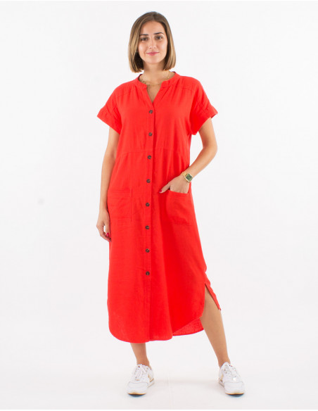 Robe 54% lin 46% viscose boutonnée manches courtes