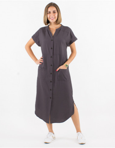 54% linen 46% viscose buttoned dress with short sleeves