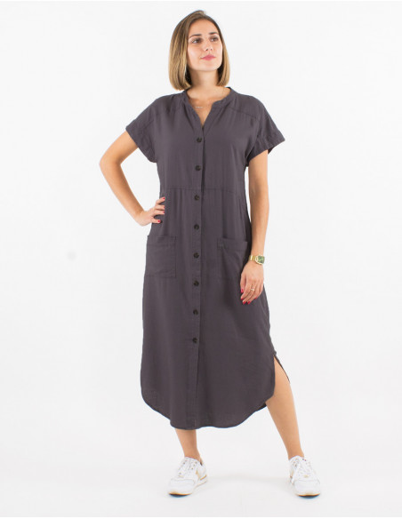 Robe 54% lin 46% viscose boutonnée manches courtes