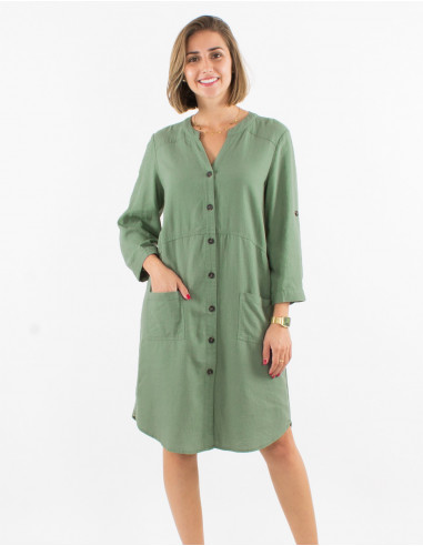54% linen 46% viscose buttoned dress with 3/4 sleeves