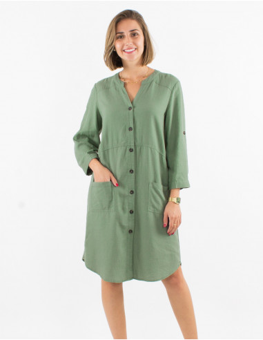 Robe 54% lin 46% viscose boutonnée manches 3/4