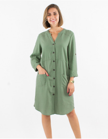 Robe 54% lin 46% viscose boutonnée manches 3/4