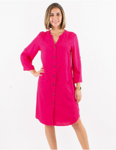 54% linen 46% viscose buttoned dress with 3/4 sleeves