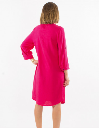 Robe 54% lin 46% viscose boutonnée manches 3/4