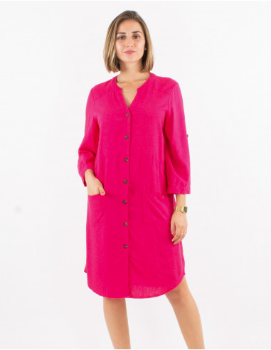 Robe 54% lin 46% viscose boutonnée manches 3/4