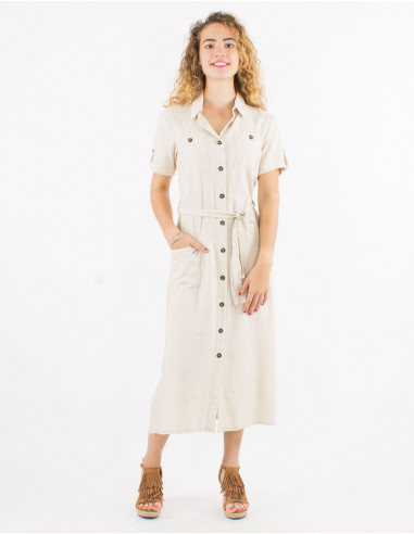 54% linen 46% viscose buttoned dress with short sleeves