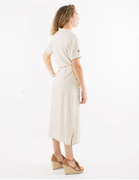 54% linen 46% viscose buttoned dress with short sleeves