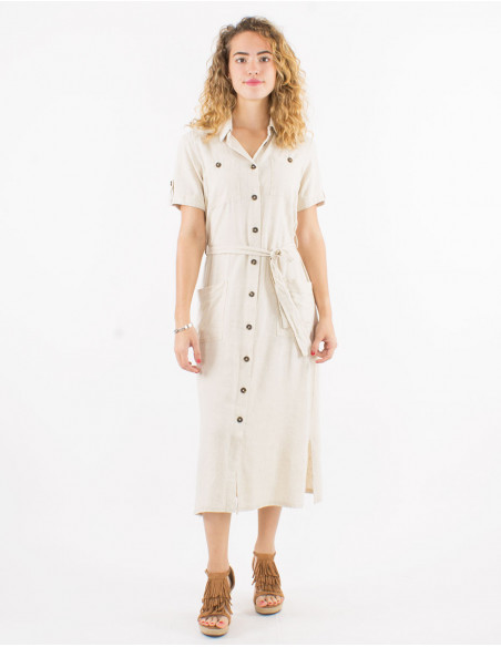 54% linen 46% viscose buttoned dress with short sleeves