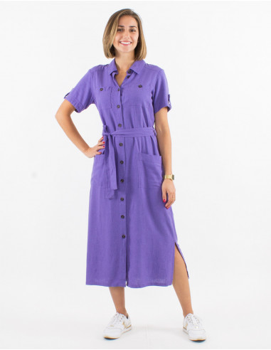 54% linen 46% viscose buttoned dress with short sleeves