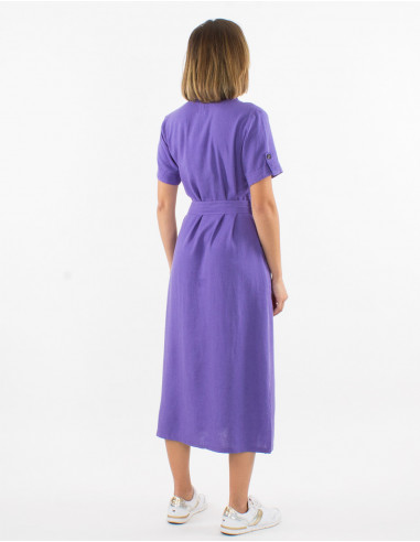 54% linen 46% viscose buttoned dress with short sleeves