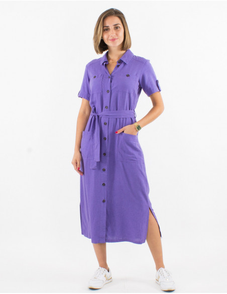 54% linen 46% viscose buttoned dress with short sleeves