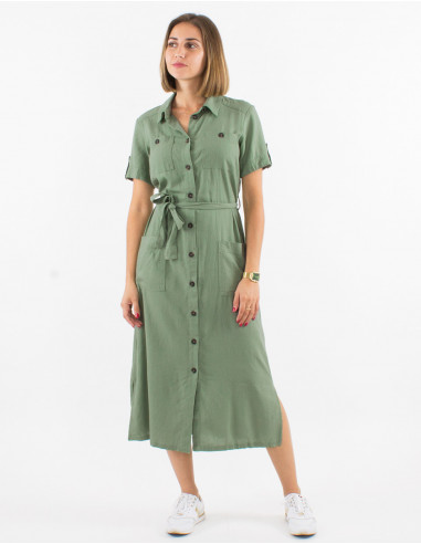 54% linen 46% viscose buttoned dress with short sleeves