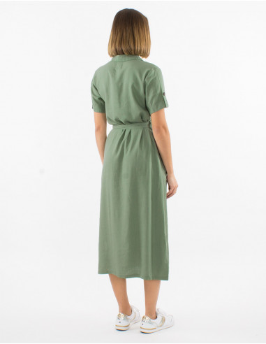 54% linen 46% viscose buttoned dress with short sleeves