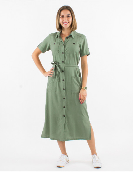 54% linen 46% viscose buttoned dress with short sleeves
