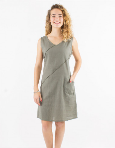 Dress 91% cotton 9% linen plain sleeveless dress with v-neck