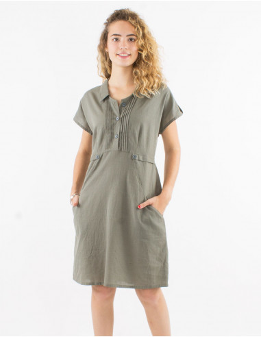 91% cotton 9% linen plain dress with short sleeves