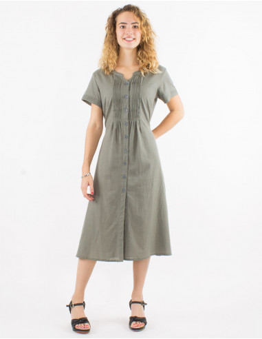 Dress 91% cotton 9% linen plain buttoned dress with short sleeves