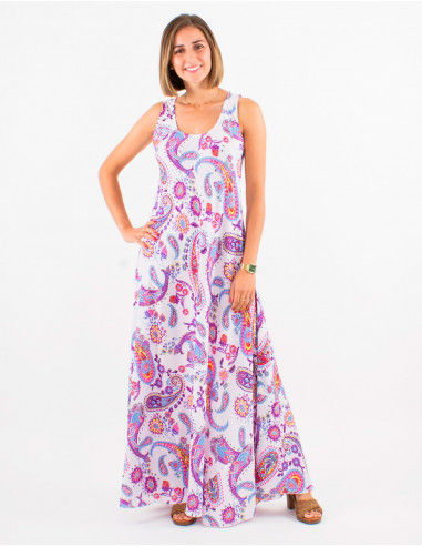 Long polyester sleeveless dress with sublime print