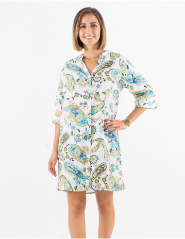 Short polyester buttoned dress with roll-up 3/4 sleeves and sublime print