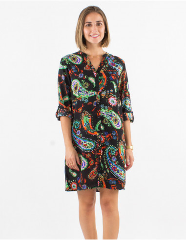 Short polyester buttoned dress with roll-up 3/4 sleeves and sublime print