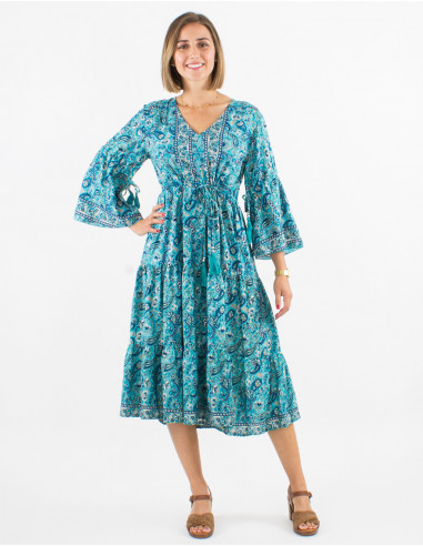 Polyester dress with 3/4 sleeves and golden cachemire print