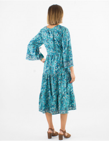 Polyester dress with 3/4 sleeves and golden cachemire print