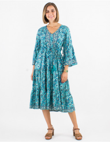 Polyester dress with 3/4 sleeves and golden cachemire print