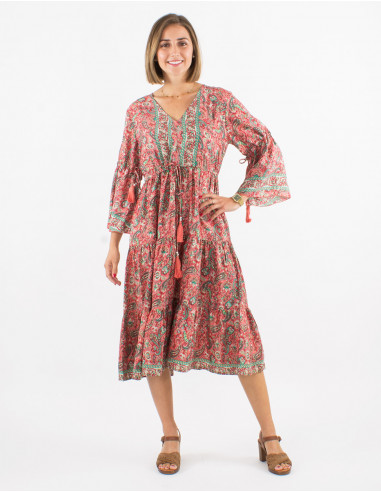 Polyester dress with 3/4 sleeves and golden cachemire print