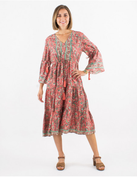 Polyester dress with 3/4 sleeves and golden cachemire print