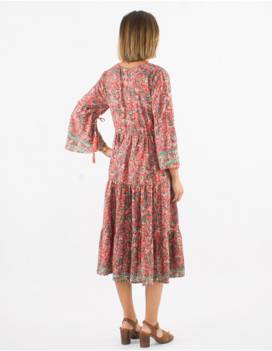 Polyester dress with 3/4 sleeves and golden cachemire print
