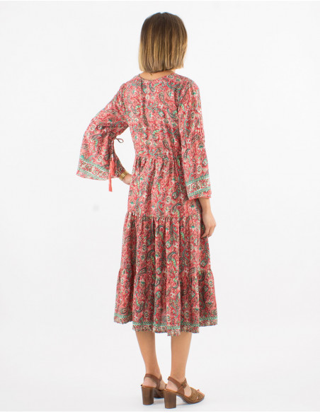 Polyester dress with 3/4 sleeves and golden cachemire print
