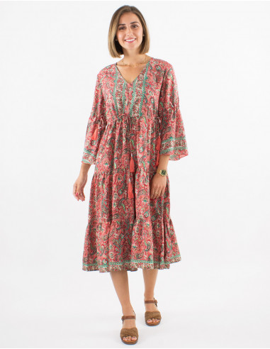 Polyester dress with 3/4 sleeves and golden cachemire print