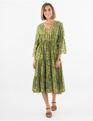 Polyester dress with 3/4 sleeves and golden cachemire print